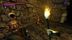 a screenshot of an animated character holding a torch in front of a stone wall