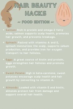 Green Aesthetic Hair, Potato Benefits, Salmon Benefits, Foods For Healthy Hair, Sweet Potato Benefits, Spinach Benefits, Almond Benefits, Egg Benefits, Egg For Hair