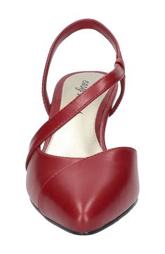 As asymmetric vamp strap adds contemporary dimension to a pointy-toe pump set on a cushioned footbed and tapered heel. 2 1/4" heel Elasticized slingback strap Cushioned footbed Synthetic upper and lining/rubber sole Imported Red Synthetic Slingback Pumps For Evening, Red Synthetic Slingback Pumps For Formal Occasions, Red Synthetic Slingback Pumps With Pointed Toe, Red Synthetic Slingback Pumps, Red Synthetic Pointed Toe Slingback Pumps, Red Pointed Toe Synthetic Slingback Pumps, Red 4-inch Kitten Heels For Spring, Red Closed-toe Slingback Pumps With Removable Insole, Red Slingback Pumps With Ankle Strap And 4-inch Heel