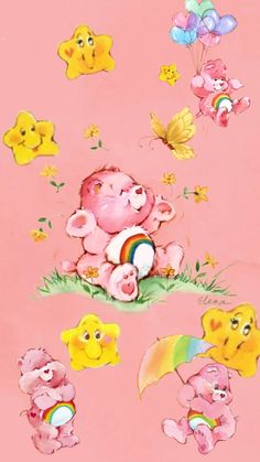 a pink background with various cartoon animals and balloons in the shape of flowers, butterflies, and hearts