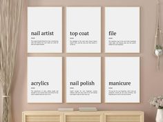 "Manicure Definitions Set Of Six, Printable Nail Artist Definition Poster Set, Funny Nail Salon Wall Prints, Printable Nail Quotes Wall Art.   AVAILABLE TO DOWNLOAD IMMEDIATELY AFTER PURCHASE. THIS IS AN INSTANT DOWNLOAD. THIS IS A DOWNLOADABLE PRINT. NO PHYSICAL ITEMS ARE INCLUDED. You will receive a ZIP file with 5 x 6 PDF files and 5 x 6 high quality 300dpi JPG files in this listing: ① 1:1 ratio which can be used for: 8x8\" | 10x10\" | 12x12\" | 16x16\" | 20x20\" inches 20x20 cm | 25x25 cm | 30x30 cm | 41x41 cm | 51x51 cm  ② 2:3 ratio which can be used for: 4x6\" | 6x9\" | 8x12\" | 10x15\" | 12x18\" | 16x24\" | 20x30\" | 24x36\" inches 10x15 cm | 15x23 cm | 20x30 cm | 25x38 cm | 30x46 cm | 41x61 cm | 51x76 cm | 61x91 cm ③ 3:4 ratio which can be used for: 6x8\" | 9x12\" | 12x16\" | 15x20 Nail Poster, Nail Quotes Funny, Artist Definition, Wall Prints Printable, Small Salon, Wall Nails, Nail Quotes, Definition Poster, Nail Salon Decor