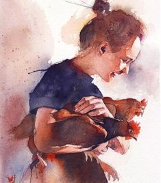 a watercolor painting of a woman holding a baby chicken in her arms and looking down at the ground