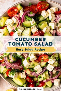 cucumber tomato salad in a bowl with text overlay