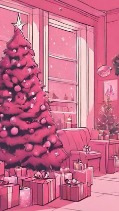 a pink christmas tree in a living room