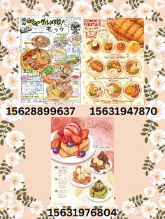 an image of some food items on a pink and white flowered background with the words,