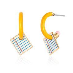 a pair of yellow hoop earrings with blue and red stripes on them, hanging from a hook