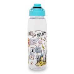 a harry potter water bottle with hogwarts on it