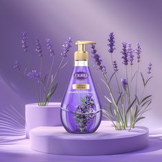 a purple bottle with lavender flowers on it