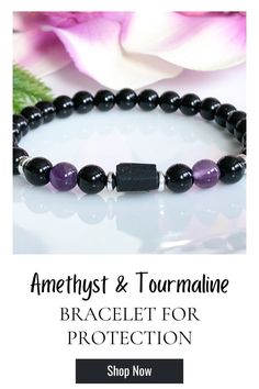 This beautiful black tourmaline and amethyst protection bracelet will help bring you peaceful balance. Made with 6mm black tourmaline, 6mm amethyst, and a raw black tourmaline crystal. I've used silver spacers but you have the option to choose from silver or gold accents at checkout.

empath protection bracelets | crystal bracelets for protection | beaded bracelets for protection | gemstone bracelets amethyst | beaded bracelets purple | womens healing stone bracelets Amethyst Crystal Bracelet, Amethyst Bracelet Beads, Black Tourmaline Crystal, Tourmaline Bracelet, Protection Bracelet, Amethyst Bracelet