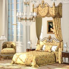 a bed room with a neatly made bed and a chandelier