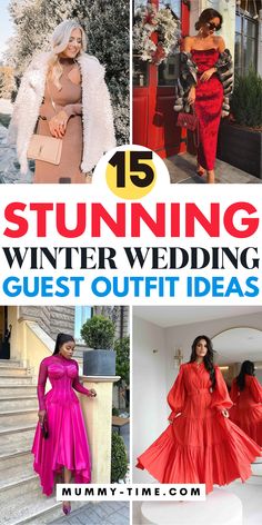 the top 15 stunning winter wedding guest outfit ideas for women in red and pink dresses