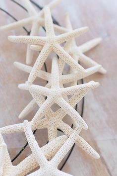 several white starfishs on a wooden surface