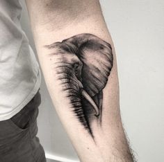 an elephant tattoo on the right arm and shoulder is shown in black and grey ink