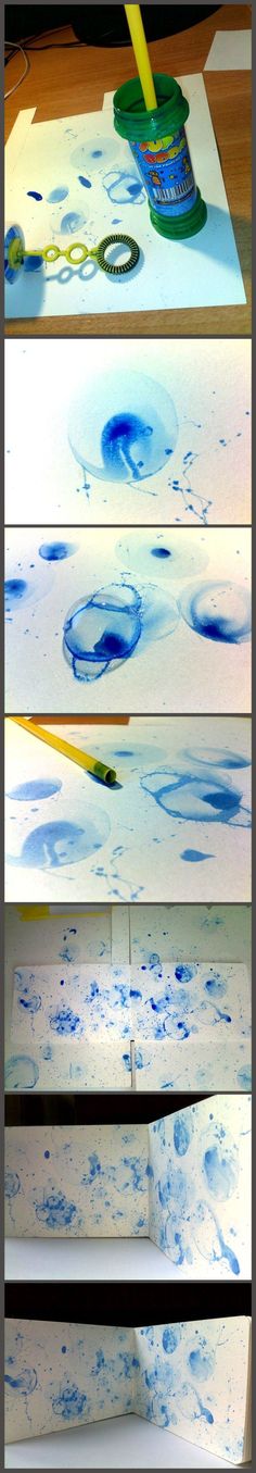 three different images of blue and white paint on paper with pencils next to them