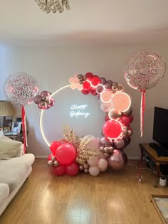 Balloon hoop in a pink colours with neon and floral design for Birthday Party created by Confetti Party Ballon Designs Ideas, Balloon Arrangements Birthday, 25 Birthday Ideas Parties, Neon Balloon Garland, Pink Balloon Backdrop, Neon Balloon Arch, Balloon Backdrop Ideas, Balloon Hoop, Unique Event Decor