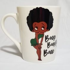 Afro Betty Boop With Green Dress On A Royal Norfolk Classic White Tapered Stoneware Coffee Mug, 14 Oz. Custom Mugs Are The Most Unique Gift. Awesome Gift Idea. New One Of A Kind. In Awesome Unused Condition. Please See Images For More Details. Betty Boop Mug, Walt Disney Cinderella, Peace Bird, Branded Mugs, Looney Tunes Bugs Bunny, Bling Crafts, Blue Cups, Mickey Mouse Cartoon, Butterfly Knot