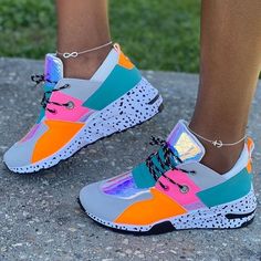 Color Block Iridescent Sneakers Ladies Sneakers, Fur Sneakers, Colorful Sneakers, Women Casual Shoes, Comfortable Slippers, Sport Shirts, Style Sportif, Sport Shoes Women, Dad Shoes