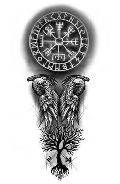 an artistic tattoo design with two wings and a clock on the back of its head