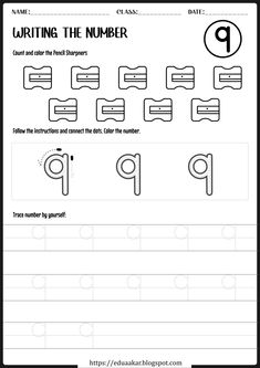 writing the number 9 worksheet for kids to practice their handwriting and counting skills