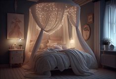 a canopy bed with lights on it in a bedroom