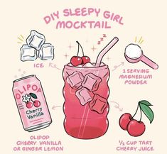 a pink drink with ice and cherries in it, labeled diy sleepy girl cocktail