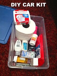 the contents of a car kit in a plastic container on carpeted area with text overlay that reads diy car kit