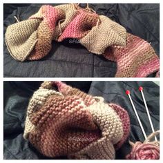 two pictures of different knitted items, one with yarn and the other with knitting needles