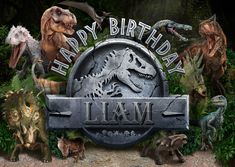 a birthday sign with dinosaurs in the background