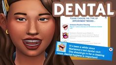 an animated woman with braces on her teeth and the caption'dental please choose the type of appointment needed '