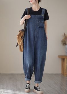 Casual Blue Slash Neck Patchwork Button Denim Jumpsuit Summer Overalls Baggy, Womens Denim Overalls, Denim Retro, Jumpsuit Summer, Bib Overalls, Denim Material, Vintage Pants, Overalls Women, Summer Fabrics