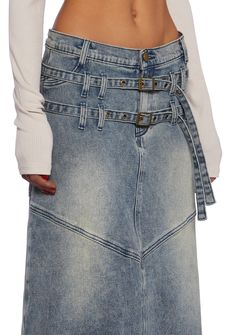 This maxi skirt has a denim construction, two adjustable belt straps in front, back pockets, and a front button and zipper closure. Current Mood Clothing, Windsor Smith, Worry Less, Pride Outfit, Denim Maxi, Denim Maxi Skirt, Current Mood, Adjustable Belt, Dolls Kill