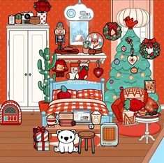 a room decorated for christmas with a teddy bear sitting in front of the bed and presents on the table