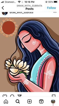 a woman with long hair holding a flower