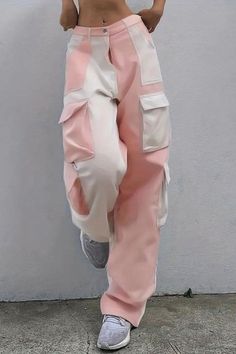 Colorblock Flap Pocket Cargo Pants, Y2K Low Waist Loose Street Wear Pants White Patchwork Long Pants, Baggy Pink Pants With Cargo Pockets, Pink Utility Cargo Pants For Streetwear, Pink Casual Parachute Pants With Multiple Pockets, High Waist White Pants With Patchwork, White High Waist Patchwork Pants, White High-waist Pants With Patchwork, High-waist White Patchwork Pants, Pink Full-length Cargo Pants With Pockets