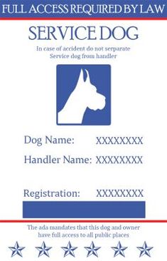 a dog id card with the words service dog written in blue and red on it