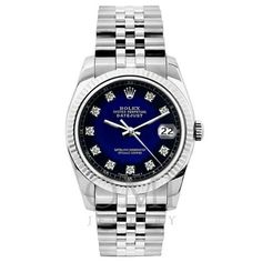 This Rolex Datejust is an elegant and timeless piece for the discerning woman. Powered by the original Rolex automatic movement, it features a striking blue-black aftermarket diamond dial, adding a touch of luxury to its classic design. The 26mm case is complemented by a fluted stainless steel bezel and a scratch-resistant sapphire crystal, ensuring durability and clarity. The watch is fitted with an original Rolex stainless steel bracelet, measuring 7.5 inches in length, providing a comfortable Elegant Blue Diamond Watch, Timeless Blue Bracelet For Formal Occasions, Elegant Blue Diamond Watch For Anniversary, Elegant Blue Watches For Formal Occasions, Blue Diamond Luxury Watch For Formal Occasions, Luxury Blue Diamond Watch For Formal Occasions, Blue Luxury Diamond Watch For Formal Occasions, Elegant Blue Watch With Bracelet Strap, Blue Formal Jewelry With Bracelet Strap