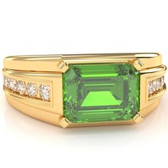 Classic and bold men's peridot and diamond ring crafted in solid 14k yellow gold. With a twelve diamond channel set and a 6x8mm emerald cut center stone set horizontally, this one is guaranteed to impress. Peridot is the official birthstone for August and symbolizes strength, and is believed to instill power and influence in its wearer. Diamonds are thought to provide the wearer with better relationships and increase inner strength. Genuine Peridot:Qty: 1 x 6x8mm Emerald Cut Stone Genuine Diamon Channel Ring, Plain Gold Ring, Zodiac Rings, Lab Created Emerald, Sagittarius And Capricorn, Taurus And Gemini, Ring Crafts, Channel Set, Multi Stone Ring