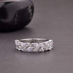 Full Eternity Moissanite Diamond Band, Half Eternity Marquise Diamond Band, 14k Solid Gold Double Row Marquise Diamond Anniversary Band, Fine Jewelry, Marquise Weeding Band, 4*2 mm Marquise Cut Moissanite Band, Anniversary Band, Engagement Band,  Side Stone: Type: Moissanite Cts: 1.80 TCW Approx. Size: 6*3 MM Shape: Marquise Cut Color: D-E-F Clarity: VVS Side Stone: Type: Moissanite Cts: 0.72 TCW Approx. Size: 4*2 MM Shape: Marquise Cut Color: D-E-F Clarity: VVS Band Width: 3.20 mm Approx Can Be Customized in 10/14/18k Yellow/Rose/White Gold And Platinum Or Sterling Silver. For More Video And Image Please Message us. Why buy Moissanite over Diamond? ● Moissanite is pocket-friendly, it is almost 1/10 of the diamond price. ● Moissanite is Conflict-free and eco-friendly, whereas a diamond can Diamond White Marquise Half Eternity Jewelry, Marquise Jewelry With Vvs Clarity For Wedding, Wedding Jewelry With Marquise Cut Vvs Clarity, Vvs Clarity Marquise Jewelry For Wedding, Moissanite Marquise Cut Wedding Jewelry, Marquise Moissanite Wedding Jewelry, Marquise Cut Moissanite Wedding Jewelry, Marquise Eternity Band With Diamond Accents For Wedding, Marquise Diamond Eternity Band For Wedding