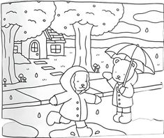 a coloring page with two children playing in the rain and one is holding an umbrella