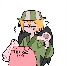 a drawing of a person holding a pink cat and wearing a green hat with one hand