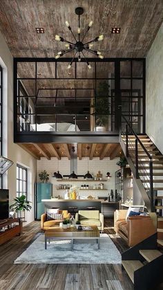 a living room filled with furniture and lots of wooden flooring next to a stair case