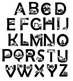 the alphabet is made up of different types of trucks and tractors in black on white