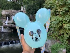 a person holding up a balloon shaped like mickey mouse in front of a water fall