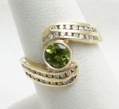 Vintage 14k yellow gold PERIDOT diamond Ring 1carat lime green Green Round Diamond Ring With Channel Set, Channel Set, Multi Stone Ring, Lime Green, Leather Bracelet, Swirl, Diamond Ring, Angeles, Yellow Gold