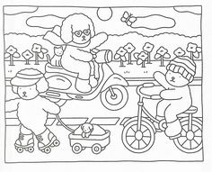 a black and white drawing of two bears riding on a bike with another bear in the background