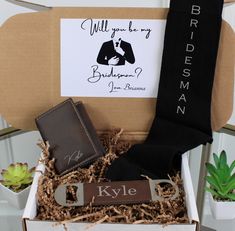 a box filled with personalized items for bride and groom