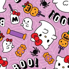 hello kitty halloween wallpaper with ghost, skulls and pumpkins on purple background for kids'room decor