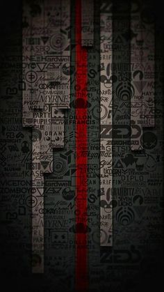 a red ribbon is in the middle of a black and white background with words all over it