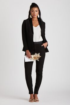 These beautifully tailored black tuxedo pants is just what every modern bride or the queer maid in your wedding party needs. EXCLUDED FROM PROMOS. RETURNS AND EXCHANGES OF THIS ITEM ARE HANDLED BY OUR FRIENDS AT SUITSHOP. | Black Women's Suiting Size 18 Long | Birdy Grey Women's Tuxedo Pants by SuitShop Lawyer Lady, Womens Tuxedo Jacket, Photographer Outfits, Slate Blue Dresses, Pant Details, Black Tuxedo Jacket, Black Tie Attire, Tuxedo Women, Jacket Details