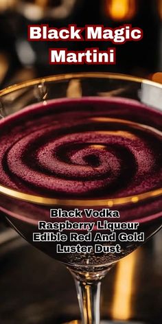 black magic martini with raspberry liqueur, edible red and gold luster dust